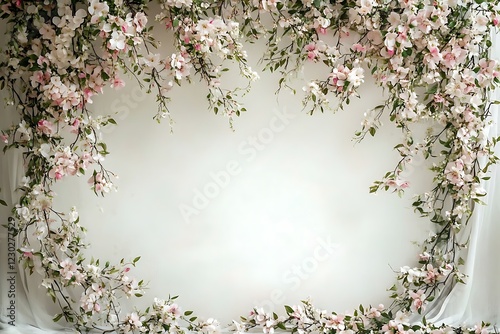 Beautiful wedding set up. Area of the wedding ceremony. Round arch, white chairs decorated with flowers, greenery. Cute, trendy rustic decor. Part of the festive decor, floral arrangement.