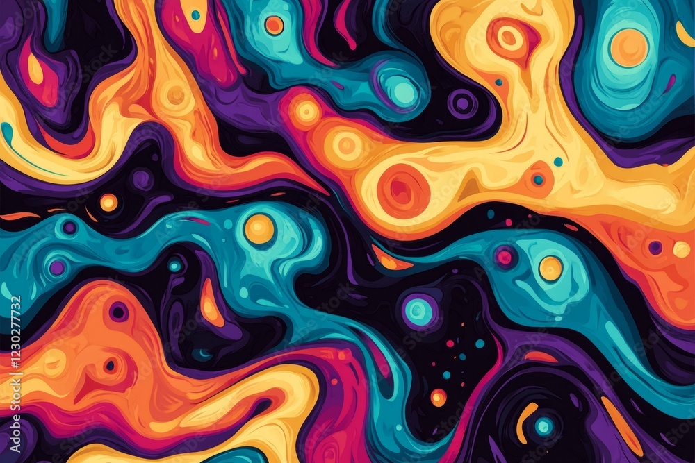Vibrant colors blend together, creating fluid and mesmerizing shapes in abstract painting Vibrant colors blend together, creating fluid and mesmerizing shapes in abstract painting