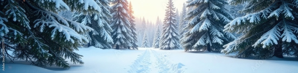 Naklejka premium Fir tree branches stretching outwards in a snow-covered clearing, open, cold, winter