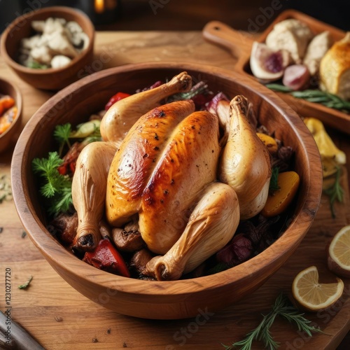 Roasted half chicken served in a wooden trencher bowl, home cooked meals, comfort food, bavarian food photo