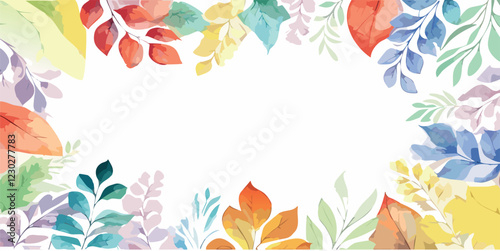 Colorful watercolor leaf frame, simple botanical design, in white background, with empty space fro text, vector illustration.