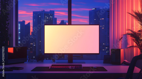 with a large monitor displaying a blank screen and a minimalist aesthetic 