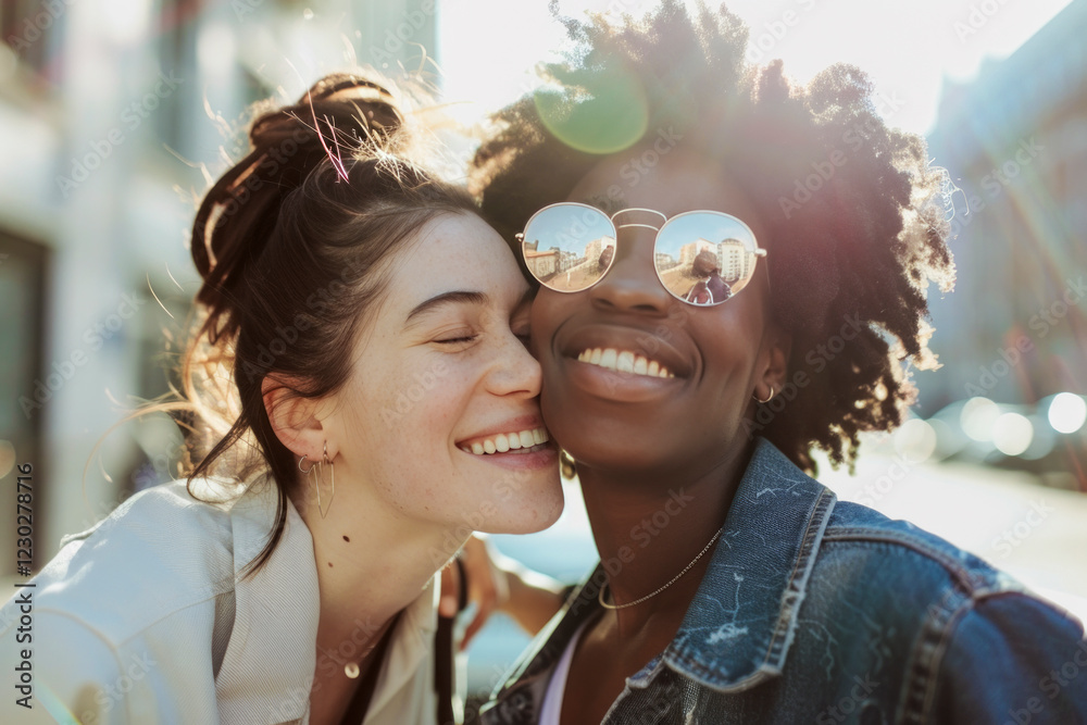A cheerful couple enjoys a sunny day outdoors, sharing a joyful moment with warm smiles and stylish sunglasses reflecting the cityscape. A cheerful couple enjoys a sunny day outdoors, sharing a joyful moment with warm smiles and stylish sunglasses reflecting the cityscape.
