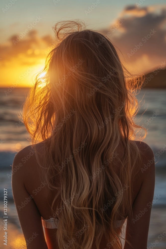 Young woman with long blond hair enjoying a beautiful sunset on a tropical beach Young woman with long blond hair enjoying a beautiful sunset on a tropical beach