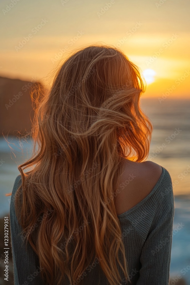 Rear view of woman with long hair enjoying a beautiful golden sunset over calm ocean Rear view of woman with long hair enjoying a beautiful golden sunset over calm ocean