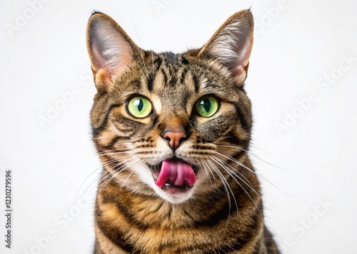 Macro Photo of Tabby Cat Licking Lips, Open Mouth, Tongue Out, White Background