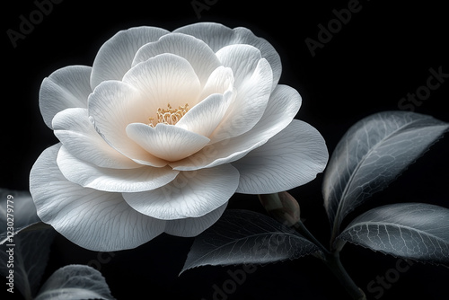 A Single White Camellia Blossom Against Dark Leaves