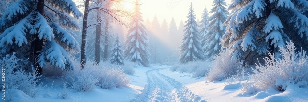 Fototapeta premium Frosty forest with snow-covered trees, sparkling ice, and a blanket of white fog, winter, snow, white