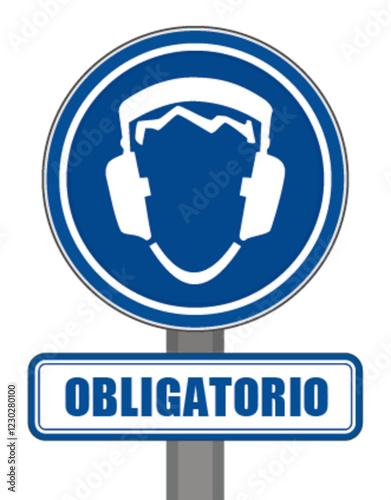 Señal obligatoria casco azul redondo de protección auditiva
