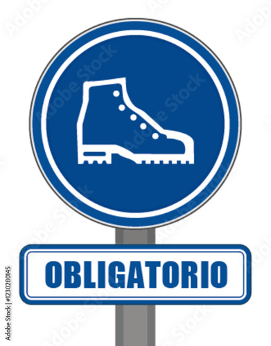 Señal redonda azul obligatoria de protección del calzado
