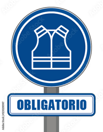 Señal redonda azul de gilet de seguridad obligatoria