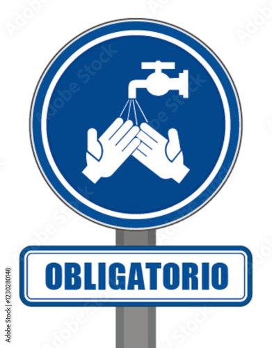 Señal redonda azul obligatoria de protección contra el lavado de manos