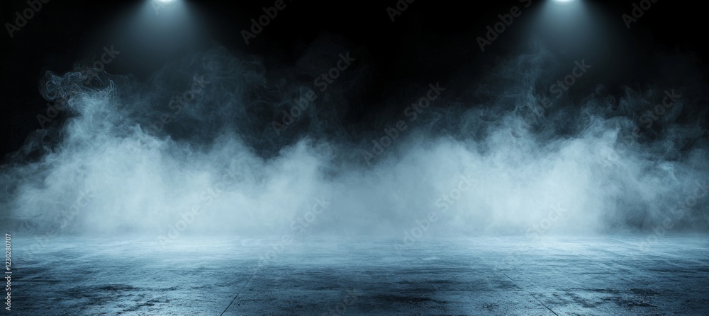 An empty dark abstract cement wall in a studio room featuring floating smoke to form an interior texture ideal for product display An empty dark abstract cement wall in a studio room featuring floating smoke to form an interior texture ideal for product display