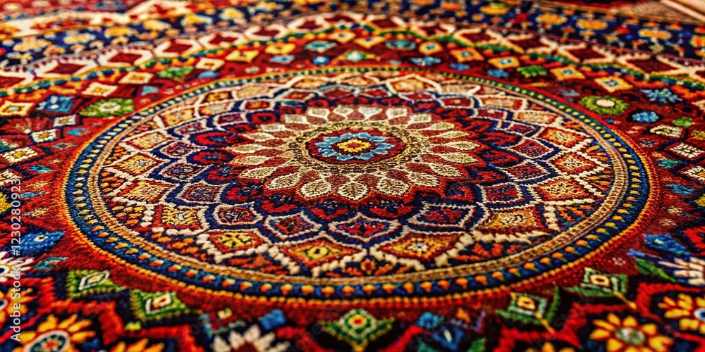 Macro Shot: Intricate Circular Motifs in a Traditional Rug - Home Decor Textile Macro Shot: Intricate Circular Motifs in a Traditional Rug - Home Decor Textile