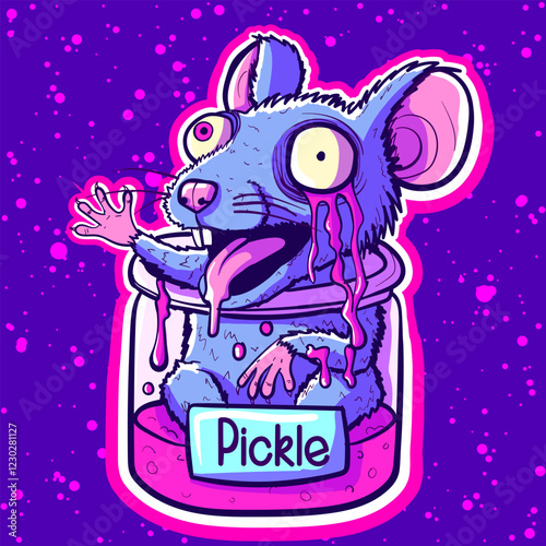 Insane and trippy neon rat in a jar surrounded by pink slime. Acid psychedelic stoner mouse trapped in a slimy container.