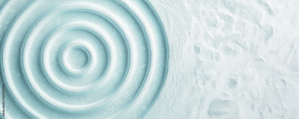 Light gray background, top view of circular sand texture, light blue and white color scheme, simple style, minimalist design, symmetrical composition, circular pattern, top-down perspective, natural e