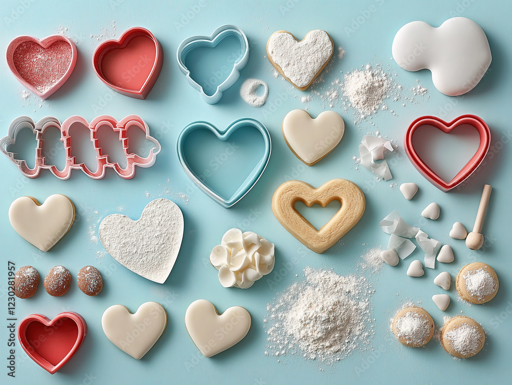 Fototapeta premium Heart-shaped cookie cutters with baking accessories displayed in flat-lay arrangement