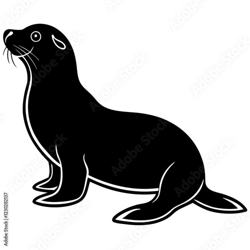 Cute Black Vector Sea Lion Line Art Black Vector Silhouette Cartoon Illustration