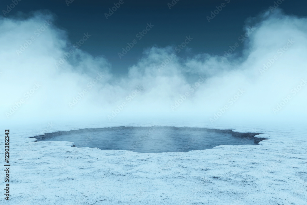 Obraz premium A serene icy landscape with a calm water body and misty atmosphere surrounding it.