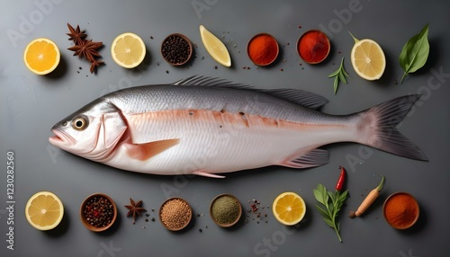 Pescado entero crudo sobre una superficie gris con especias y condimentos photo