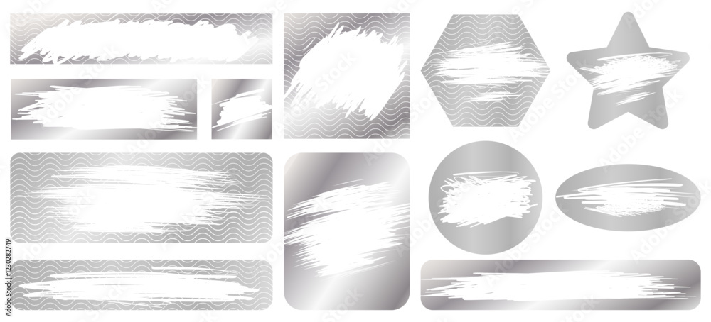 Silver scratch cards, scraped texture effect. Vector set of metallic scratch-off templates for lotteries, prize money, and discount coupons. Isolated on transparency background.