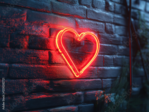 Dark brick wall with a glowing neon heart light for a romantic vibe