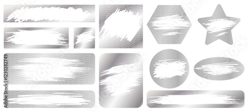 Silver scratch cards, scraped texture effect. Vector set of metallic scratch-off templates for lotteries, prize money, and discount coupons. Isolated on transparency background.