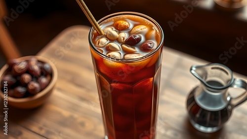 Refreshing Jallab Drink with Dates, Pine Nuts, and Rosewater in Middle Eastern Café Setting photo