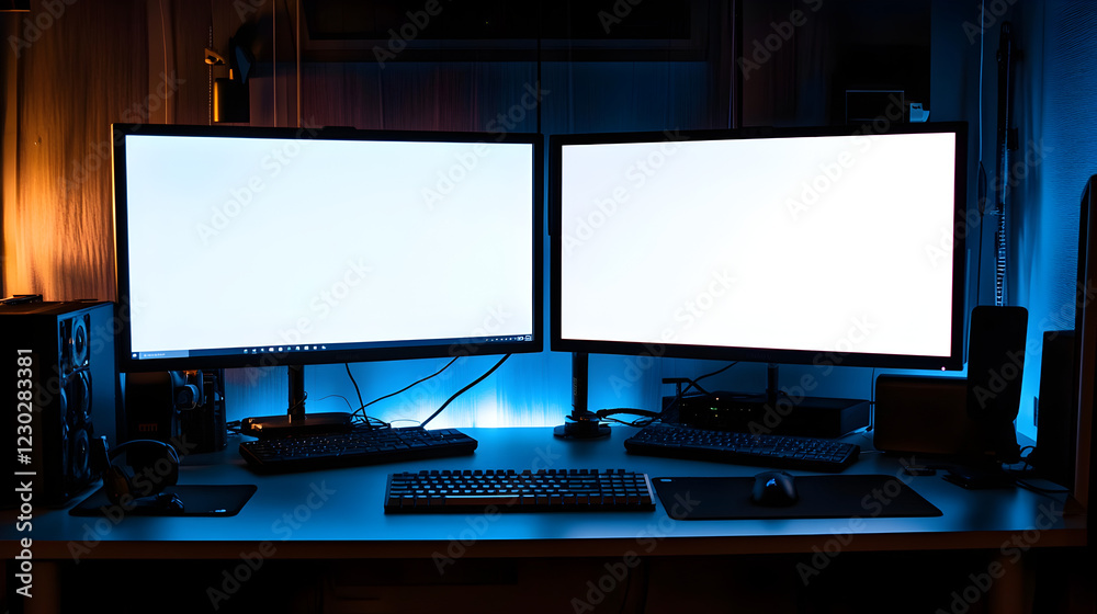 Naklejka premium with both screens blank on a modern ergonomic workstation 
