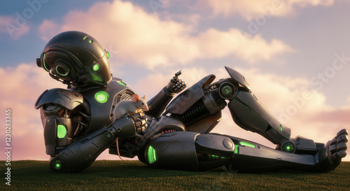 Futuristic robot lounging on a grassy hill under a colorful sky