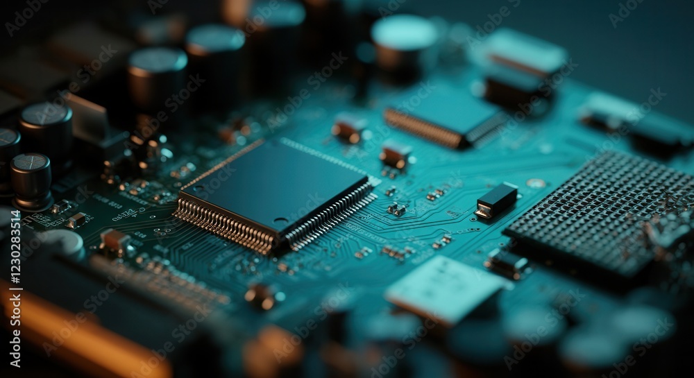 Close-up of a circuit board showcasing intricate electronic components Close-up of a circuit board showcasing intricate electronic components