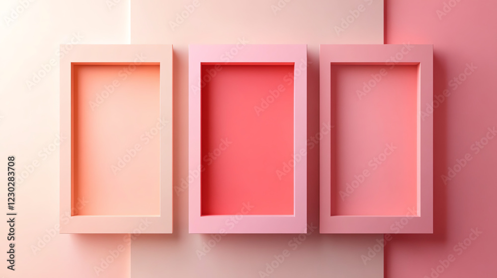 Three empty pastel picture frames on a pink background with copy space Three empty pastel picture frames on a pink background with copy space