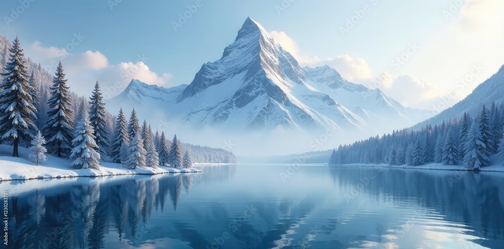 Serene mountain peak with snow-covered trees and a serene lake below, mountain, water, frozen