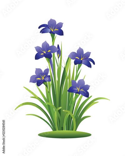 vector blue iris flowers in bush on white background