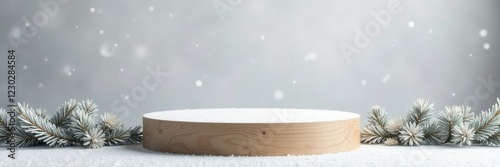 Simple yet elegant wooden podium draped in snow-white Christmas garland, snowy, simple, Winter wonderland