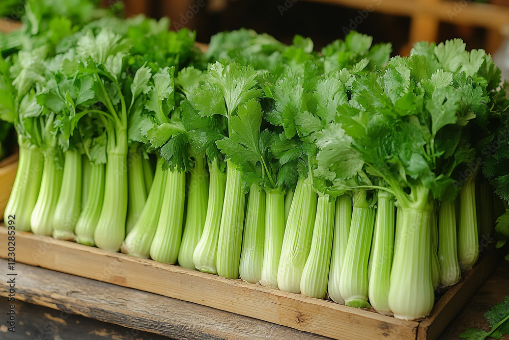 Fresh Green Celery Stalks in Wooden Crate Fresh Green Celery Stalks in Wooden Crate