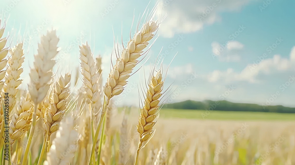 Fototapeta premium A golden field of wheat sways gently under a bright blue sky, showcasing the beauty of agriculture and nature.