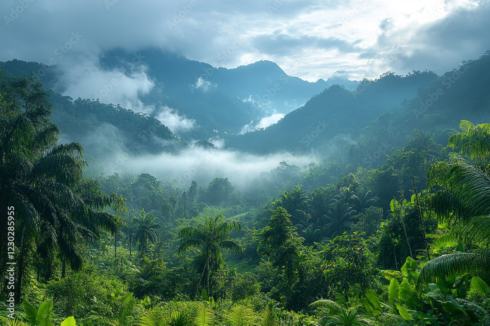 Fototapeta premium Misty Mountains and Lush Tropical Rainforest Valley