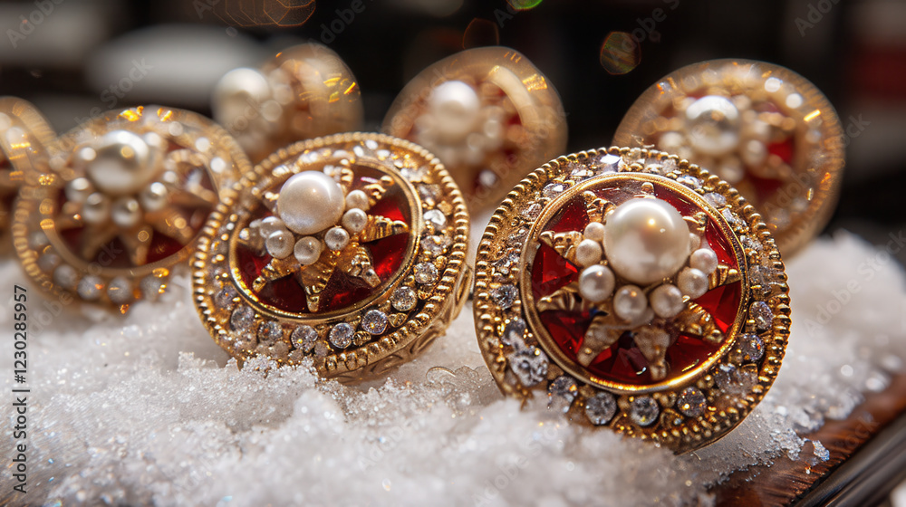 Beautiful assortment of sparkling jewels with pearls and red accents on soft grey Beautiful assortment of sparkling jewels with pearls and red accents on soft grey