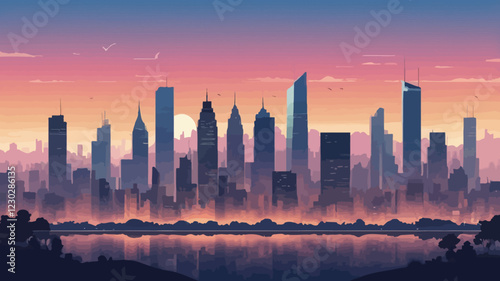 beautiful watercolor scene of a city skyline at twilight, with the sky transitioning from day to night in a blend of soft colors, building city watercolor