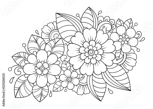 Outline floral pattern in mehndi style for coloring book page. Antistress for adults and children. Doodle ornament in black and white. Hand draw vector illustration.