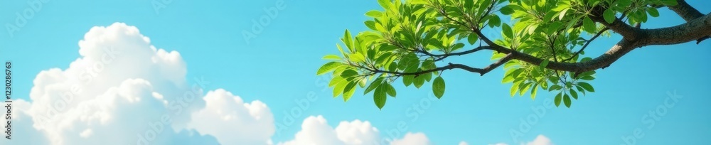 Fototapeta premium A curved white acacia branch hanging from a cloud, sky, green, cloud