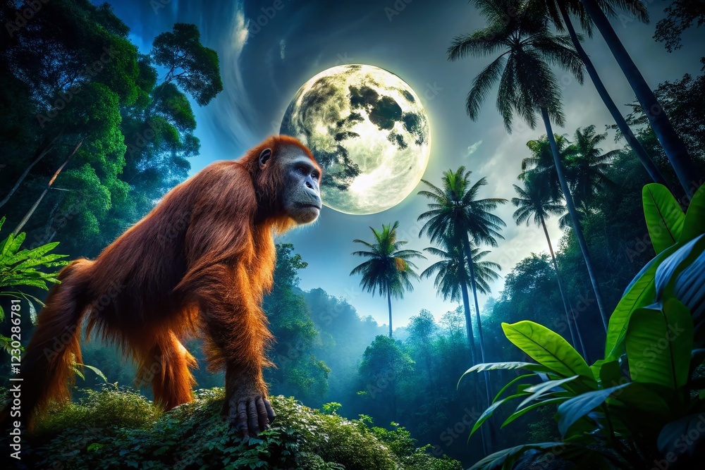 Obraz premium Majestic Bornean Orangutan at Night in Sarawak Jungle, Malaysia