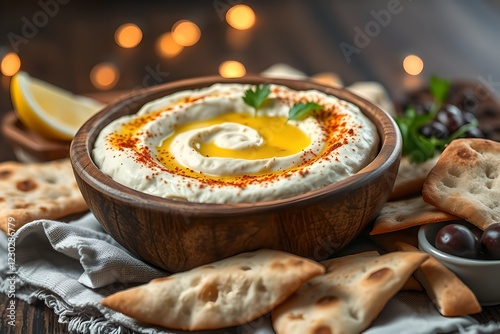 Creamy Baba Ganoush with Olive Oil, Paprika, and Pita Bread photo