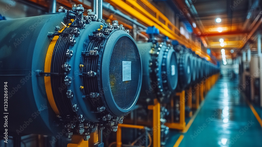 Fototapeta premium Close-up of a water purification membrane displaying intricate design vital for wastewater recycling and filtration minimalistic modern bright tone blurred background empty caption space