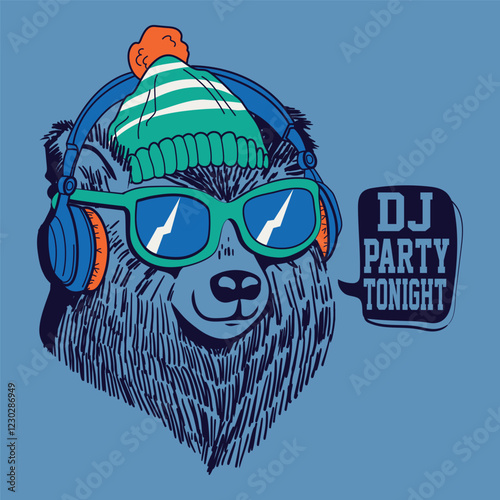 Dj Party Tonight, Cool bear illustration for t-shirt and other uses, Dj bear vector design for t-shirt, 
A bear wearing glasses and listening Dj music illustration, Bear listening music posters art