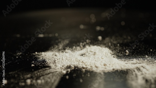 Crushed to powder prescription opioid oxy pills drugs spilled at table for snorting. Opioids cause dependence, addiction and overdose. National Opioid Awareness Day. Potential side affects risks.
