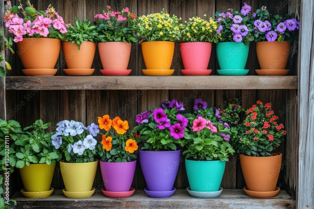 Colorful Flower Pots on Wooden Shelf with Vibrant Floral Display in Garden Setting Colorful Flower Pots on Wooden Shelf with Vibrant Floral Display in Garden Setting