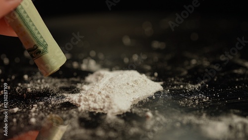 Canvas Print Person planning to get high with illegal dangerous street opioid Fentanyl drugs, white powder crystalline