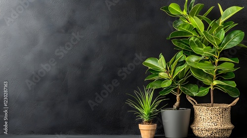 Lush vibrant foliage in minimalist ceramic pots resting on a wooden desk in a serene calming office setting  The natural greenery creates a peaceful tranquil ambiance photo